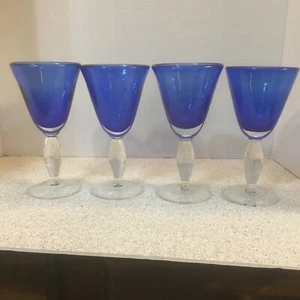 4 Hand Blown Mexican Cobalt blue Heavy Wine Water Goblet Glasses. - Picture 1 of 11