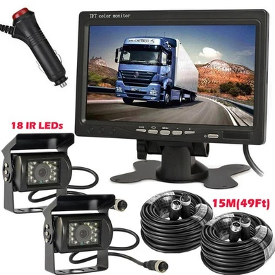 12-24V 7" HD Monitor 4Pin 2x IR Rear View Backup Camera for RV Truck Trailer Bus - Image 1 of 4