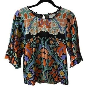 Maeve 100% Silk Top Womens 0 Black Floral Bell Sleeve Ruffle Folkart Lightweight - Picture 1 of 10