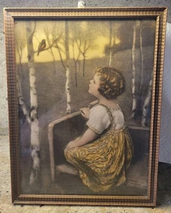 Antique 1920s Girl Bird Print Spring Song by John Drescher 13 X 10 NY - Picture 1 of 7
