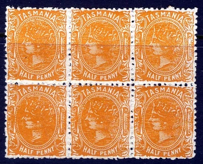 TASMANIA AUSTRALIA 1880-91 medio penique naranja profundo bloque Wmk TAS P. 12 SG 163a MNH Foto 1 de 2