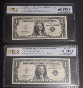 1935-D $1 Silver Certificate PCGS Wide to Narroe Chnageover Pair PPQ 65 and 64 - Picture 1 of 2