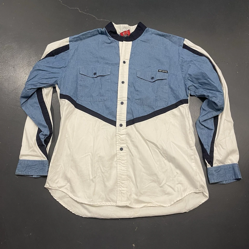 Camisa de Colección Mo Betta Para Hombres Grande Azul Blanco Cuello Banda Abotonada Western Foto 1 de 4