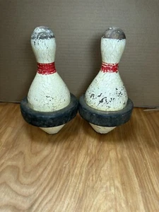 Vintage Pair Of Duck Pin Bowling Pin Wooden Rubber Ring Around - Great Shape - Picture 1 of 5