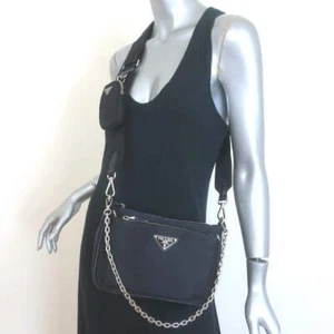 Prada Re-Nylon 2-in-1 Chain Strap Shoulder Bag Black Small Crossbody NEW - Picture 1 of 16