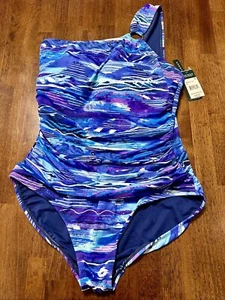 NWT Ralph Lauren Blue Calypso Tummy Control One Shoulder Swimsuit 16W MSRP $129 - Picture 1 of 2