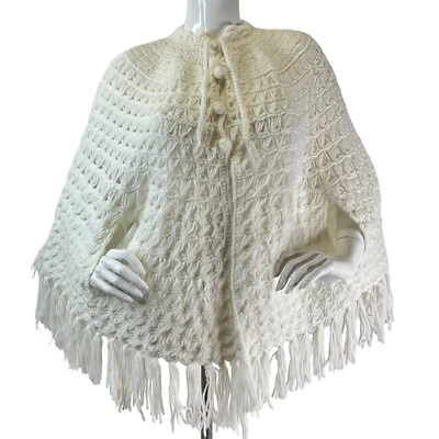 Vintage Shawl Boho Hippie Hand Knit Crochet Poncho White Button Tie Hand Holes - Image 1 of 4