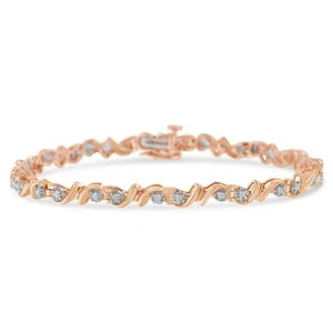 1/2 Carat 10K Yellow Gold Diamond Double Wave Link Bracelet Sterling Silver 7" - Picture 1 of 18