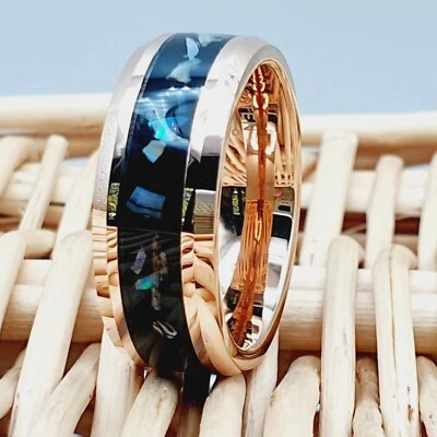 Alianças de casamento masculinas e femininas de tungstênio ouro rosa, resina preta e incrustação de abalone - Imagem 1 de 4