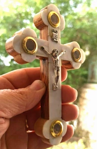 Cross Crucifix White Mother of Pearl Olive Wood Hand Made Jerusalem Blessed - Picture 1 of 6