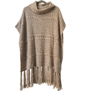 Hinge Poncho Sweater O/S Tan Cowl Neck SOFT Cable Knit Fringe NORDSTROM