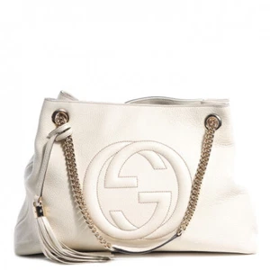 Gucci Soho Ivory Gold White DOUBLE CHAIN Leather Shoulder Bag Handbag Purse New - Picture 1 of 9