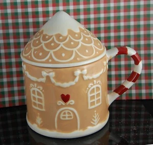 Taza de casa de encaje de pan de jengibre con tapa superior nueva con etiquetas cerámica pintada a mano 5,75" T - Imagen 1 de 7