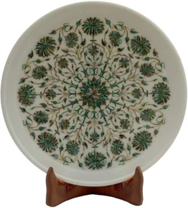 Elegante plato de servir de cocina y comedor de mármol blanco de 12" concha de abulón floral decoración - Imagen 1 de 8