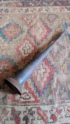 Antique Early Primitive Metal Tin Parade Horn Orig Blue Paint 17.25" - Image 1 of 4