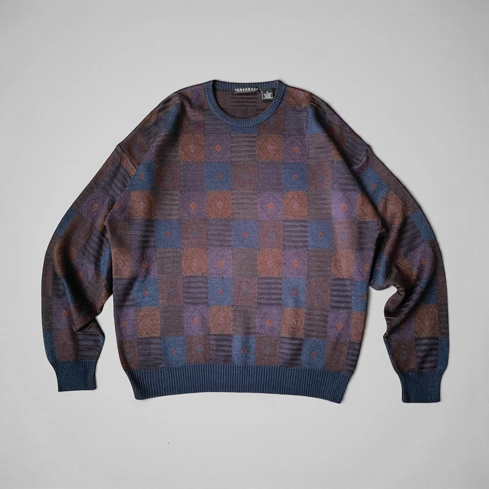 90s Wool Blend Dark Academia Grandpa Sweater Grunge Geometric Jacquard Knit XL - Image 1 of 4