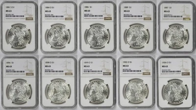 Lot 10 Different Date Morgan Dollar $1 MS 63 NGC 10 Coins - Image 1 of 2