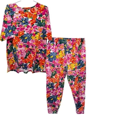 Vintage 90s Bold Floral 2 Piece Set Loose Fit Cropped Pants Tunic Top Colorful - Image 1 of 4