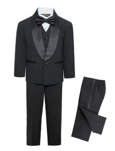 Boy Slim Tuxedo 5pc set TAIL coat,Cummerbund,striated pant,Tuxedo shirt,bowtie - Picture 1 of 4