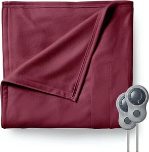 Sunbeam Queen Size Electric Fleece Heated Blanket in Garnet w Dual Zone Controls - Picture 1 of 3