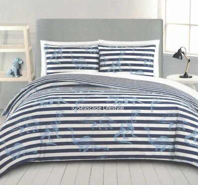 2 piezas ☆ INCREÍBLES DINOSAURIOS ☆ Edredón Doble REVERSIBLE Boy Zone Azul Rayas Foto 1 de 4