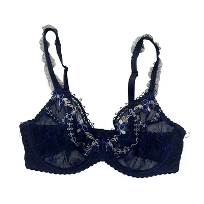 Sutiã Chantelle Floral Bordado Sem Forro Transparente Azul Marinho 32C Fada Romântico Coquete - Imagem 1 de 4