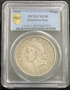 1939 (P) Dominican Republic 1 Peso PCGS  XF40 Silver .900 KM#22 15,000 Minted - Picture 1 of 4
