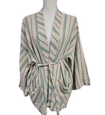 ZARA The Beth Kimono Jacket Rustic Green Beige Stripe Boho Beach Women’s Size S - Image 1 of 4