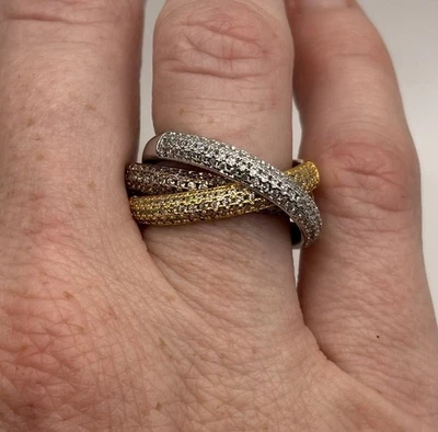 Trinity Tricolor Pave Intertwined Vermeil Sterling Silver Ring Size 6.25 - Image 1 of 4