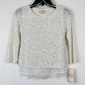 GB Girls size 6 Ivory Silver Sequin Long Sleeve Layered Sweater Top NWT - Picture 1 of 7