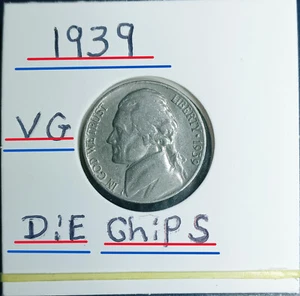 1939 Jefferson Nickel No Mint Mark Die Chips On Lip & Nose (N.S.) VG Condition - Picture 1 of 11