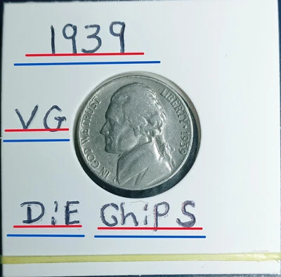 1939 Jefferson Nickel No Mint Mark Die Chips On Lip & Nose (N.S.) VG Condition - Image 1 of 4