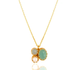 Three Stone Pendent Gold Plated Sizable Necklace With Aqua Chalcedony & Pearl - Picture 1 of 4