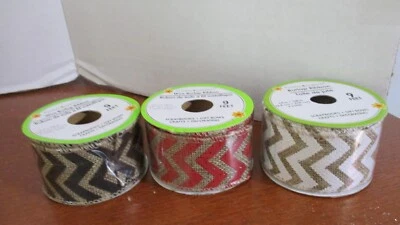 Floral Garden ~Lot of 3 BURLAP CHEVRON PATTERN RIBBON~ 1.5" Wide ~9' each - Image 1 of 4