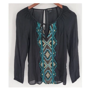 Lucky Brand schwarze Boho bestickte Perlen Langarm Bluse Damen XS - Bild 1 von 13