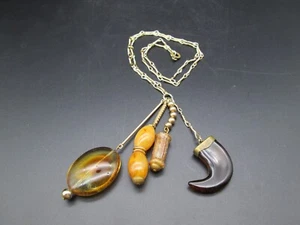 Collana tono oro finta ambra ciondolo 24” vintage estate funky dichiarazione pezzo - Foto 1 di 5