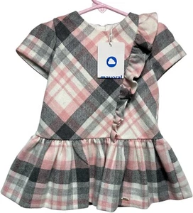 NWT Mayoral Pink, Gray & White Plaid Drop Waist Wool Blend Ruffled Dress, 12 mos - Picture 1 of 3