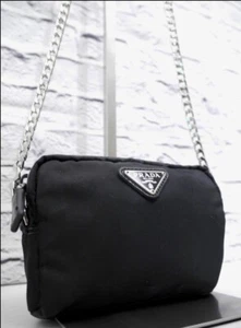 ◆PRADA Nylon Leather Crossbody Bag Chain Strap Mini Shoulder Bag Pouch Pochette - Picture 1 of 9