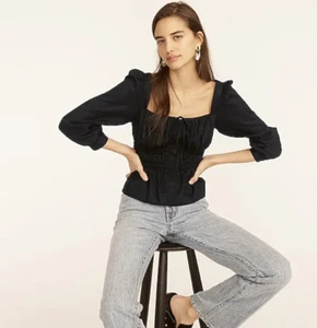 NWT J. Crew Women's Cinched-Waist Top in Herringbone Cotton - Black - Size 0 - Picture 1 of 4