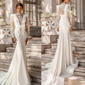 Mermaid Wedding Dresses V Neck Long Sleeves Sheer Lace Bowknot Sweep Train Ruche - Picture 1 of 10