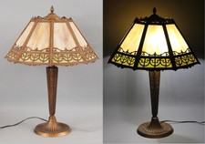 Antique 20thC Victorian 8 Panel 2 Color Green & Caramel Slag Glass Table Lamp NR