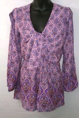 ROMEO & JULIET Purple Patterned Long Open Sleeve Shorts Romper MED  $195 NWT - Image 1 of 3