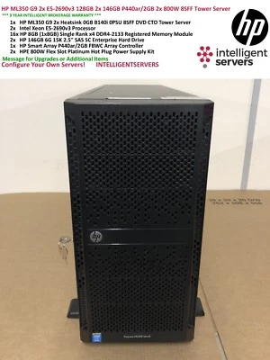 HP ML350 Gen9 2x E5-2690v3 128GB 2x 146GB P440ar/2GB 2x 800W 8SFF Tower Server - Image 1 of 2