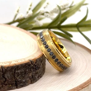 8mm Gold Tungsten Carbide Ring Scratch-Resistant with Black CZ Stone Inlay Band - Picture 1 of 4