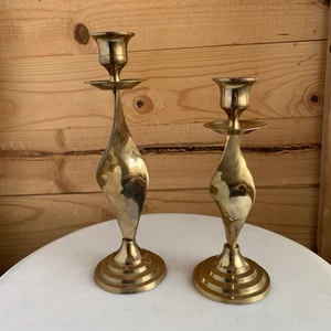 Set Of 2 Brass Twist Ribbon Handle Holders VTG 7.5” 9” Mcm Hollywood Regency - Picture 1 of 9
