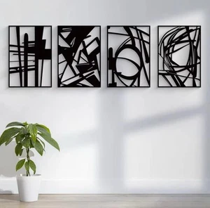 4 Pc Black Metal Wall Art Set – Modern Minimalist Abstract Line Decor 16”x11 - Picture 1 of 7