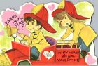 Carte de vœux Saint-Valentin pompier camion enfants vintage