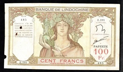 TAHITI , PAPEETE 100 FRANCS 1965 P 14d , BANQUE DE L'INDOCINE  @ Large Size NOT - Image 1 of 2