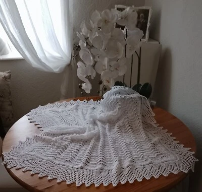 Deliciously Soft Hand Knitted Baby Shawl Blanket Pure White  3ply 38" square - Image 1 of 3