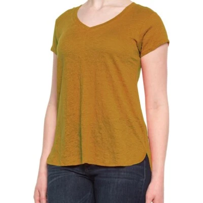 Nuevo sin etiquetas Tahari Talla S 100% Lino Marrón Ocre Manga Corta Cuello en V Alto Lo Slub Tejido Top Foto 1 de 4